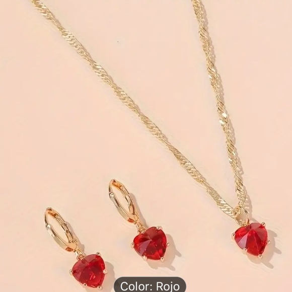 3pcs Shiny Red Heart Jewelry Set, Classic Glass Heart Necklace and Earrings, - Picture 2 of 6